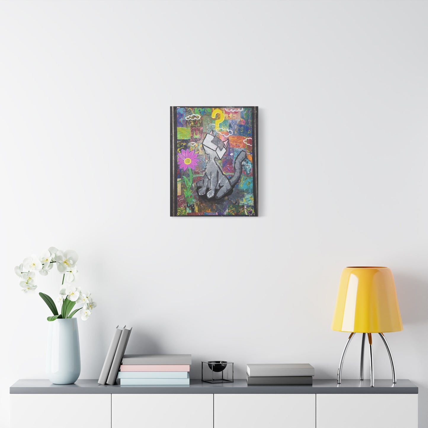 A Curious Cubed Cat Matte Canvas Art - Pop Surreal Cat with Yellow Question Mark
