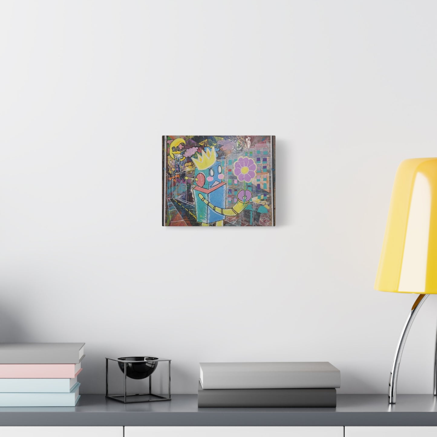 Whimsical Robot Matte Canvas Art — Playful Blue & Yellow Robot with Flower on Geometric Abstract Background